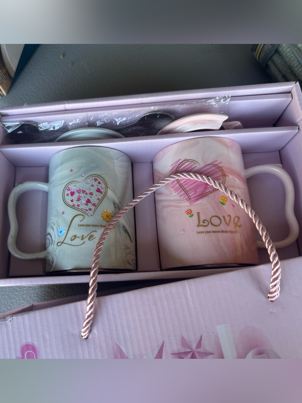 Love Heart Ceramic Mug Set - Pink and Light Gray